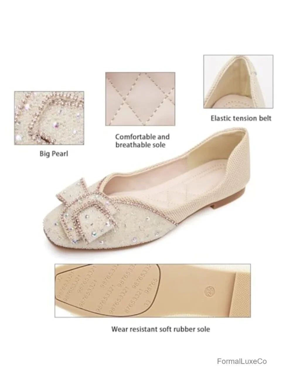 Women's Rhinestone Square Toe Ballet Flat Slip-On Walking Shoes